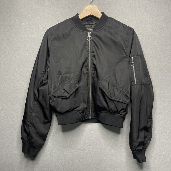 Pull&Bear Womens Black Cropped Bomber Jacket S - Picture 1 of 9